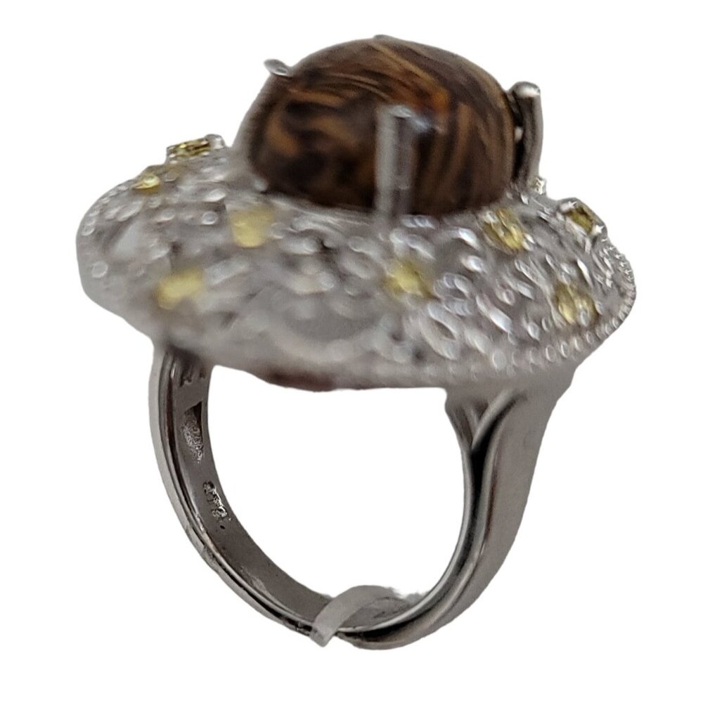 Silver Tone Jonquil Brown Stone Oval Filigree Costume Ring Size 6, M301